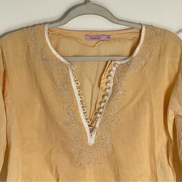 Calypso Women's Silk Embroidered Top Yellow 3/4 Sleeve Size XS - 47479 - Picture 2 of 14